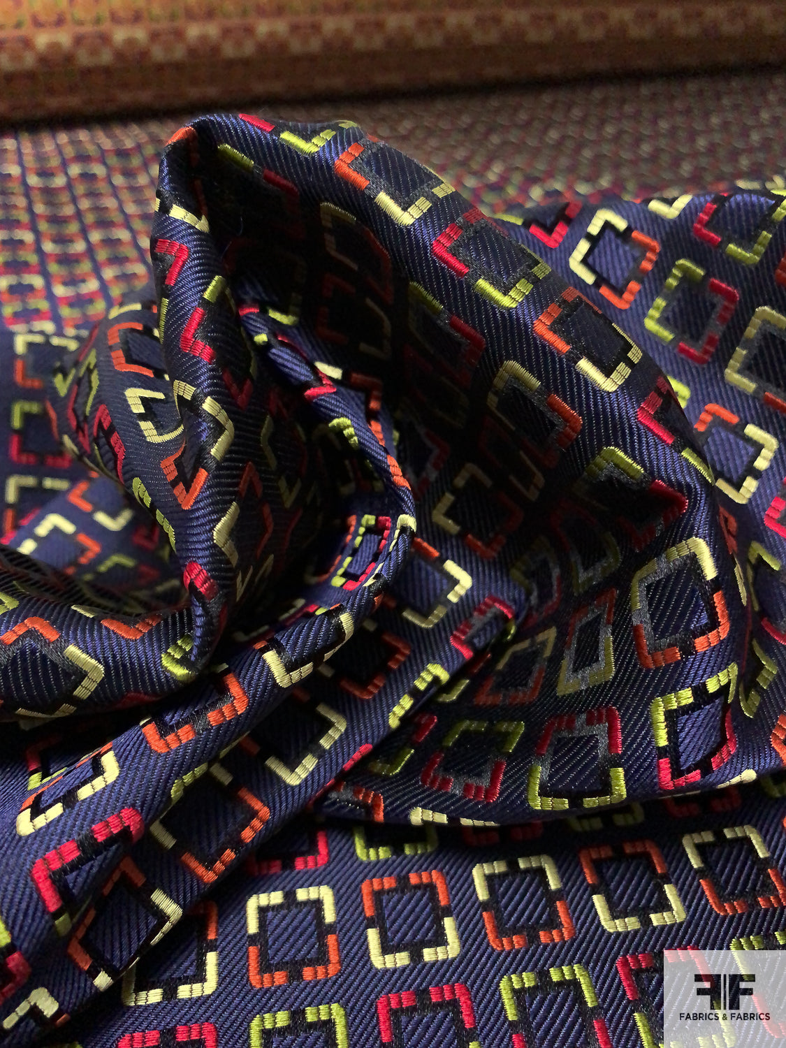 Square Pattern Silk Necktie Jacquard Brocade - Navy / Red / Lime / Pale Yellow