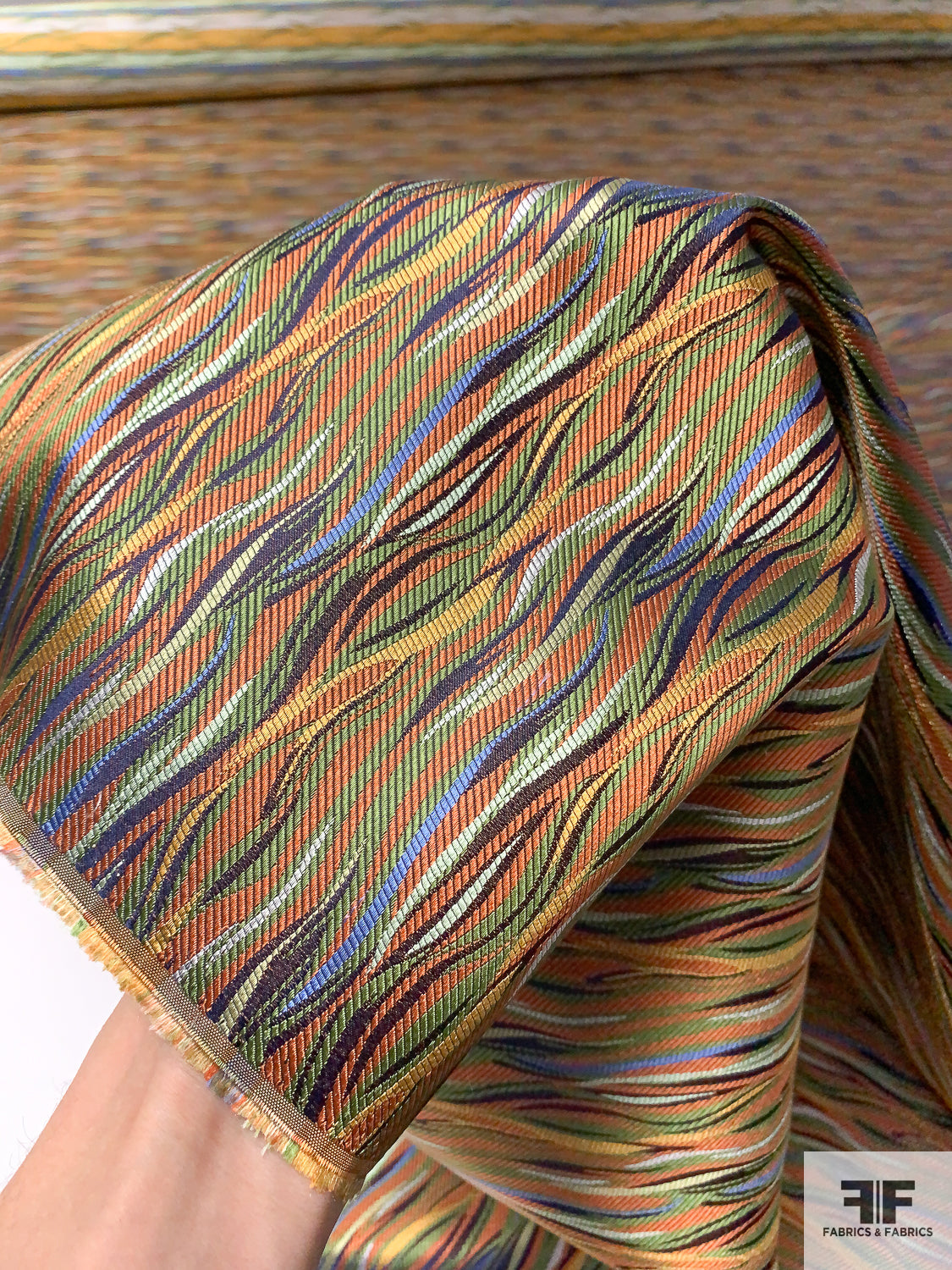 Wavy Striations Silk Necktie Jacquard Brocade - Orange / Green / Navy / Turmeric