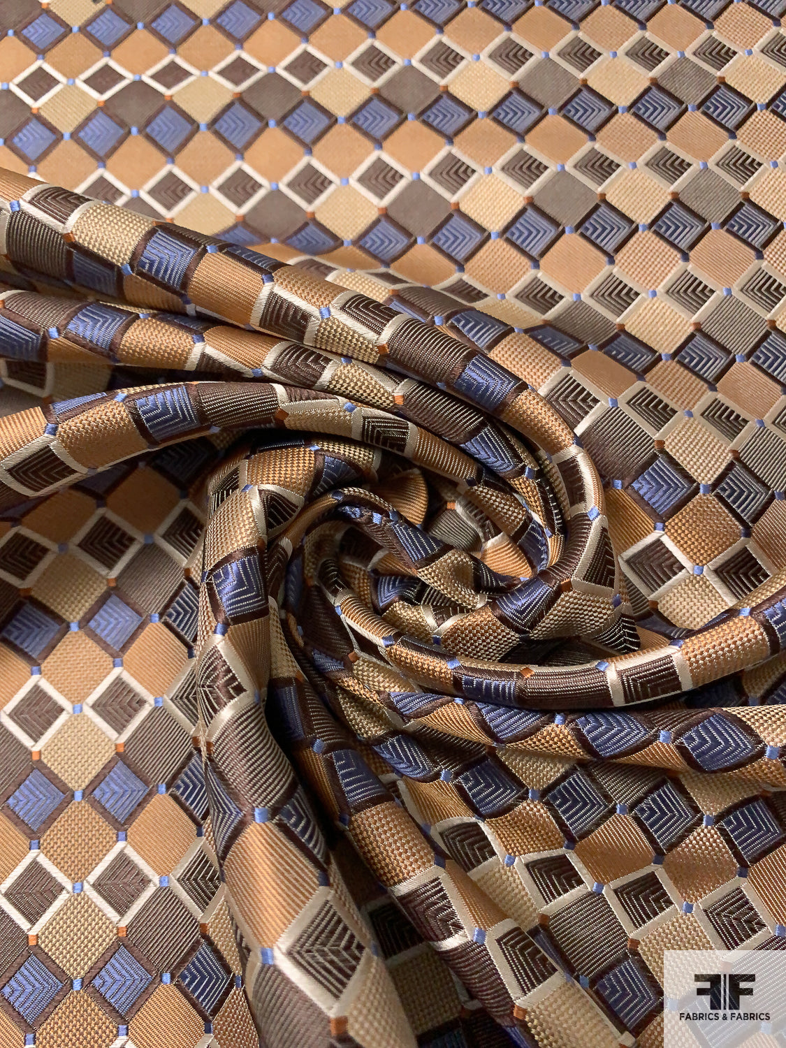 Art Deco Geometric Silk Necktie Jacquard Brocade - Camel / Brown / Tan / Slate Blue