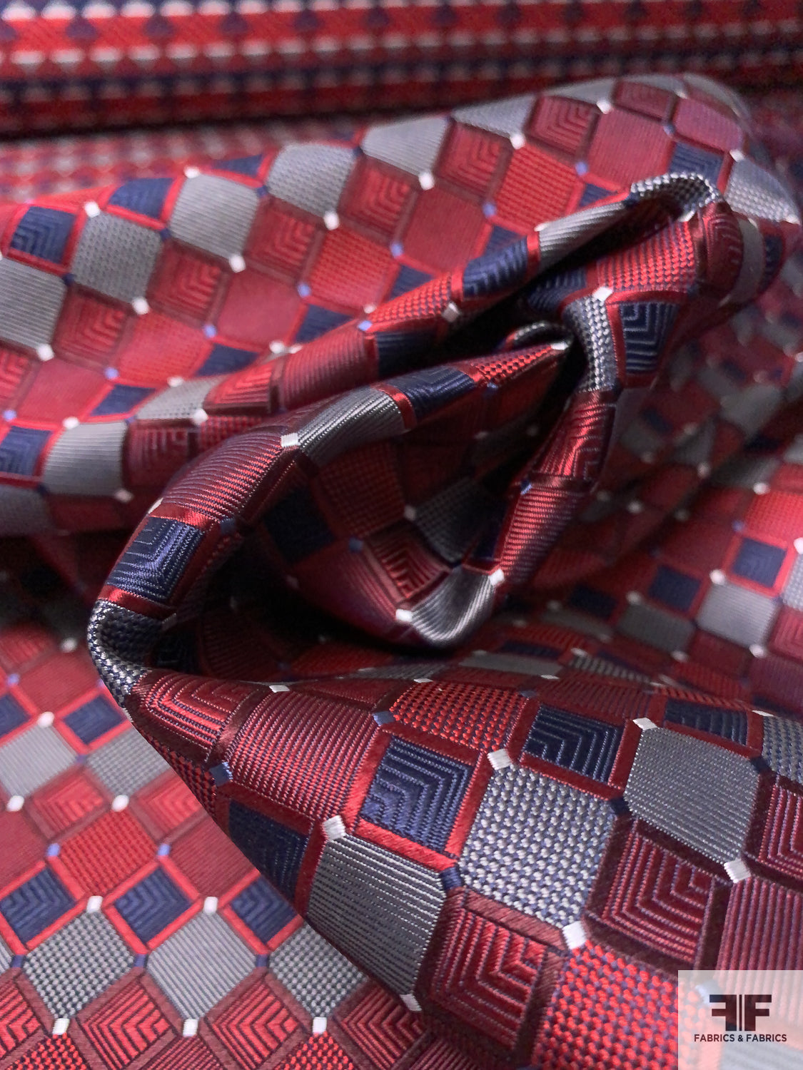 Geometric Silk Necktie Jacquard Brocade - Red / Maroon / Navy / Grey