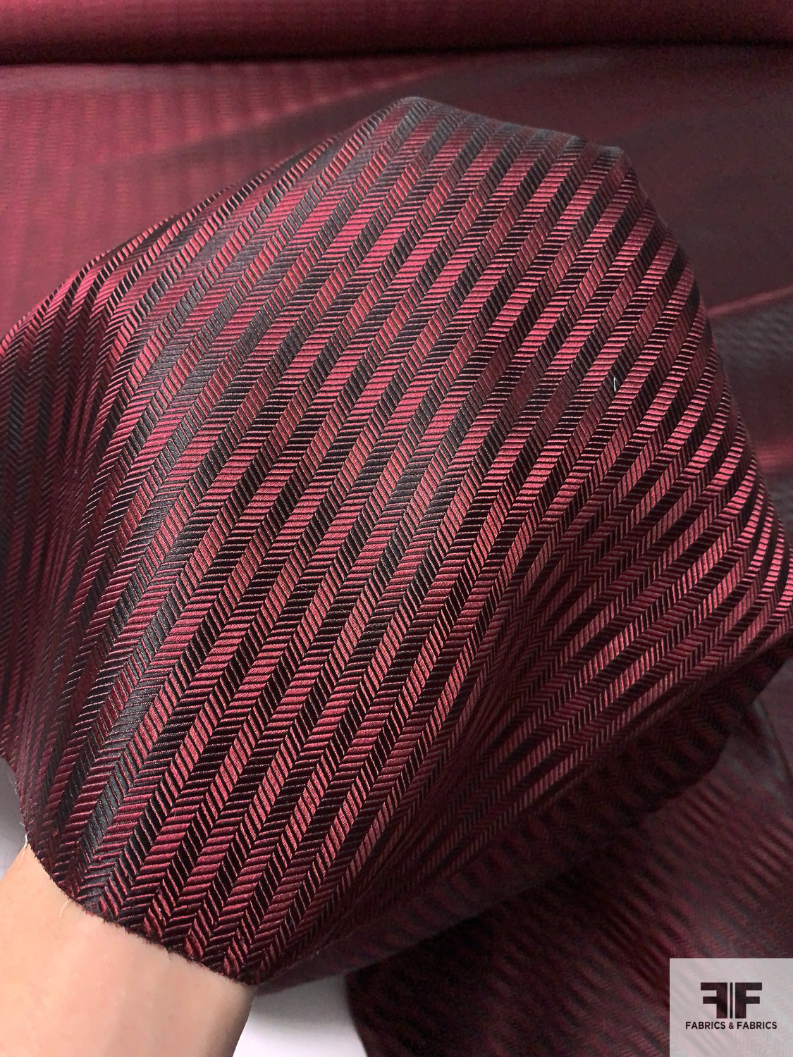 Optical Herringbone Silk Necktie Jacquard Brocade - Burgundy / Black