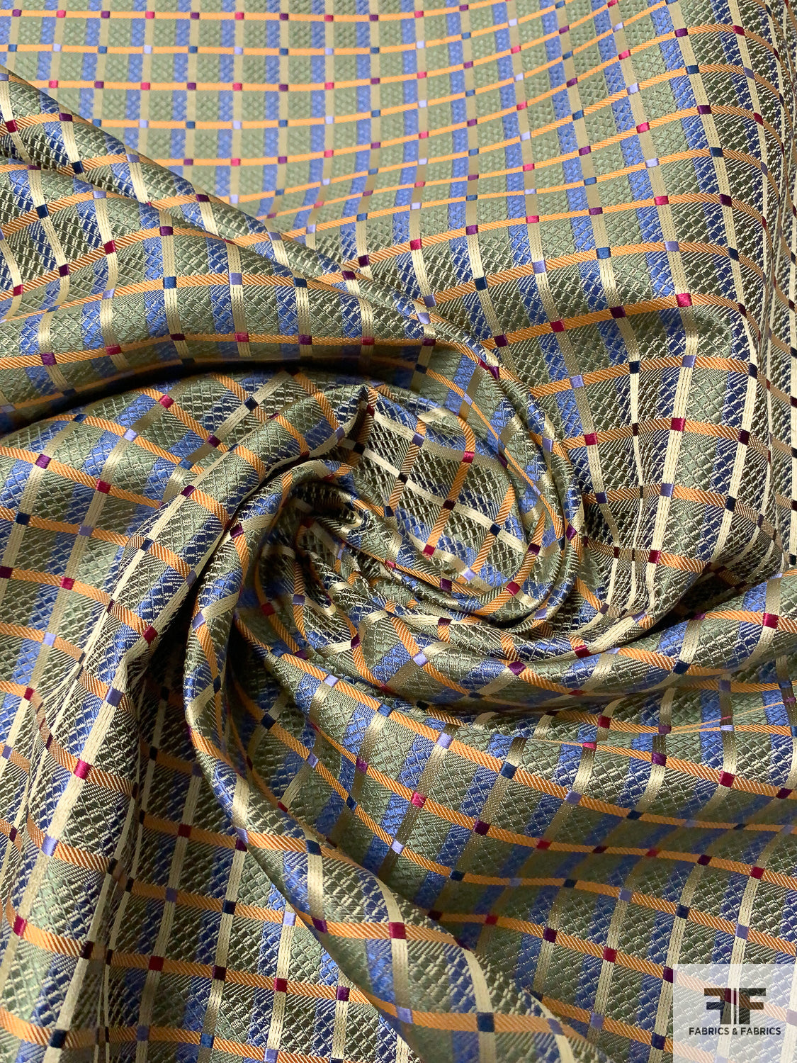 Timeless Grid Plaid Silk Necktie Jacquard Brocade - Olive / Turmeric / Slate Blue / Maroon