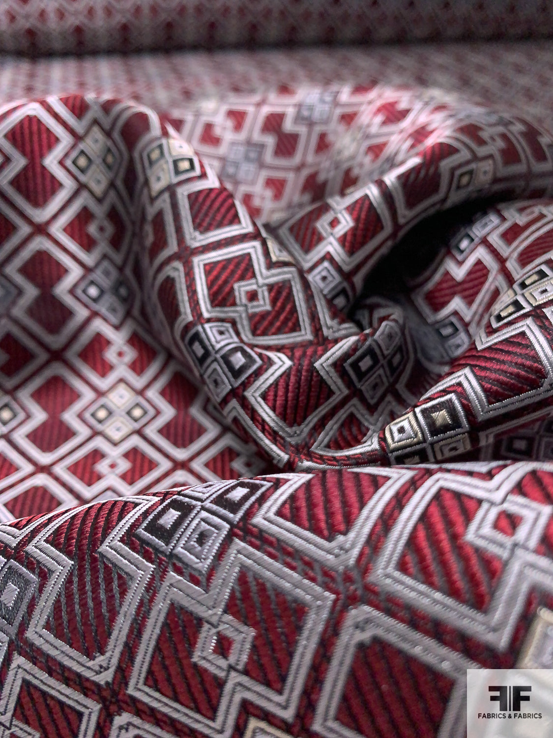 Geometric Silk Necktie Jacquard Brocade - Maroon / Grey