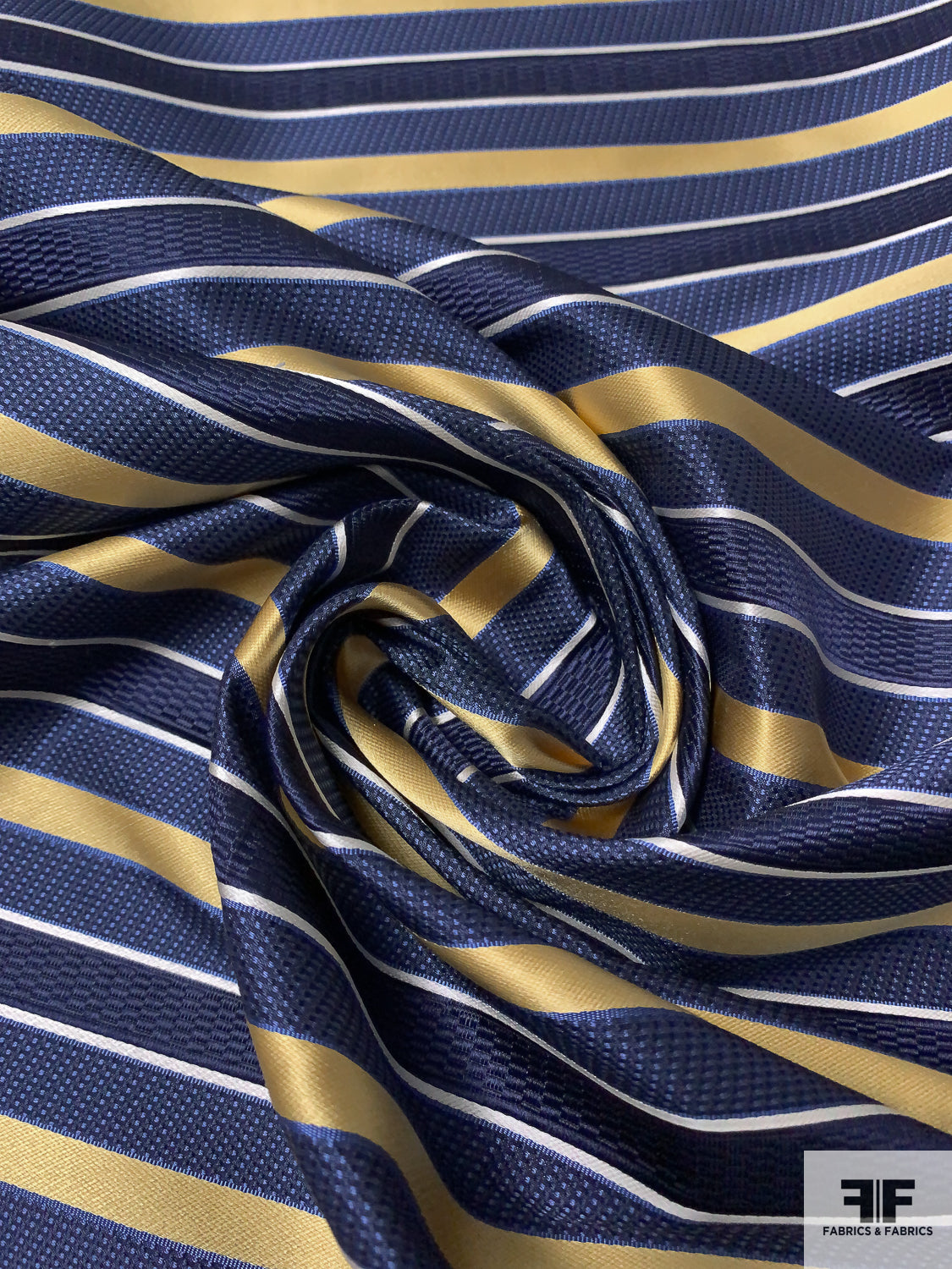 Horizontal Striped Silk Necktie Jacquard Brocade - Navy / Gold / Off-White