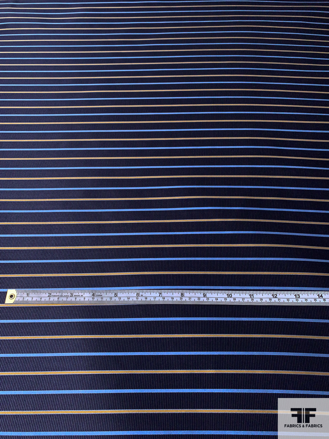Horizontal Striped Silk Necktie Jacquard Brocade - Navy / Carolina Blue / Turmeric