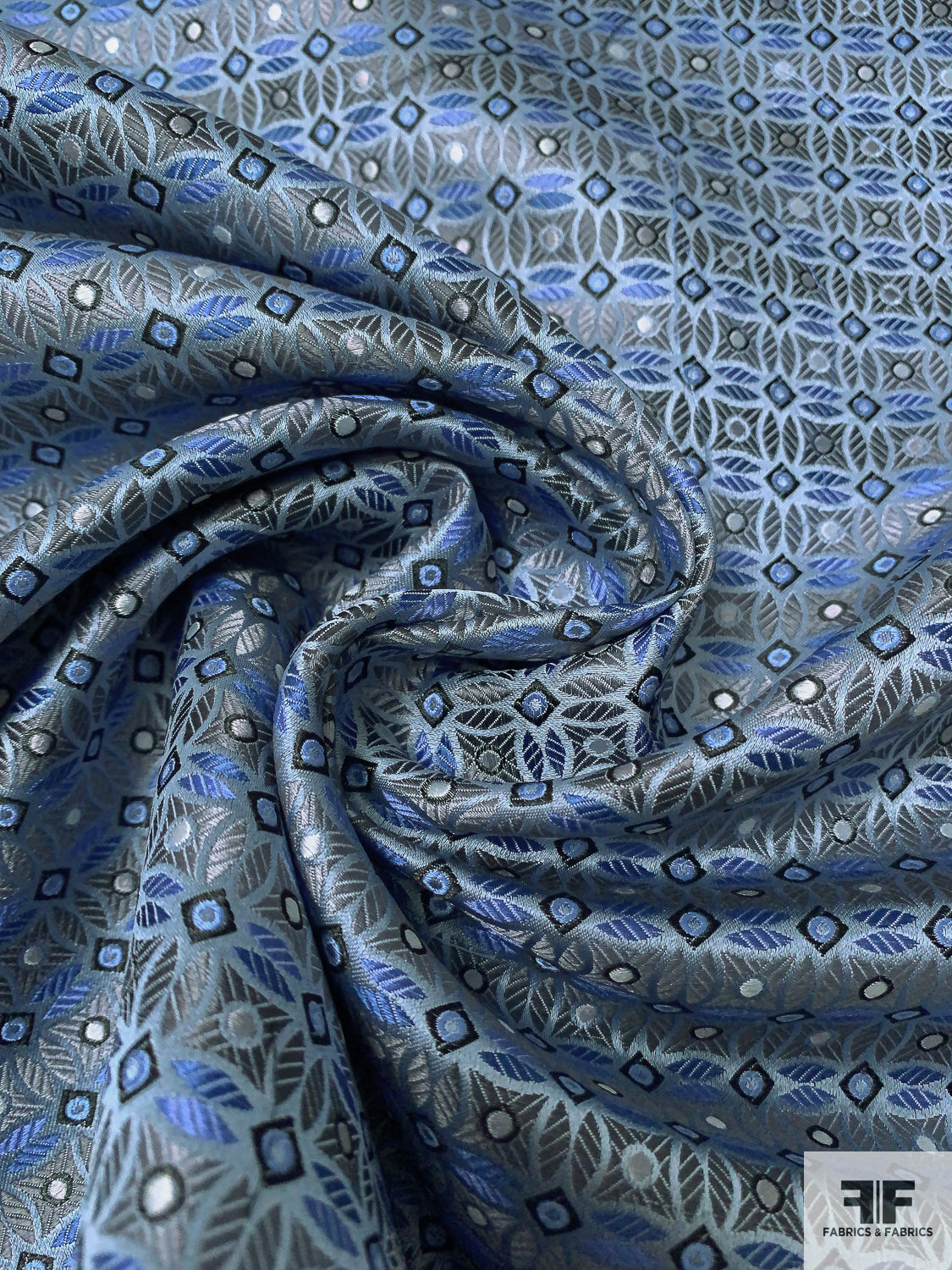 Circle Lattice Silk Necktie Jacquard Brocade - Slate Blue / Grey / Blue / Black