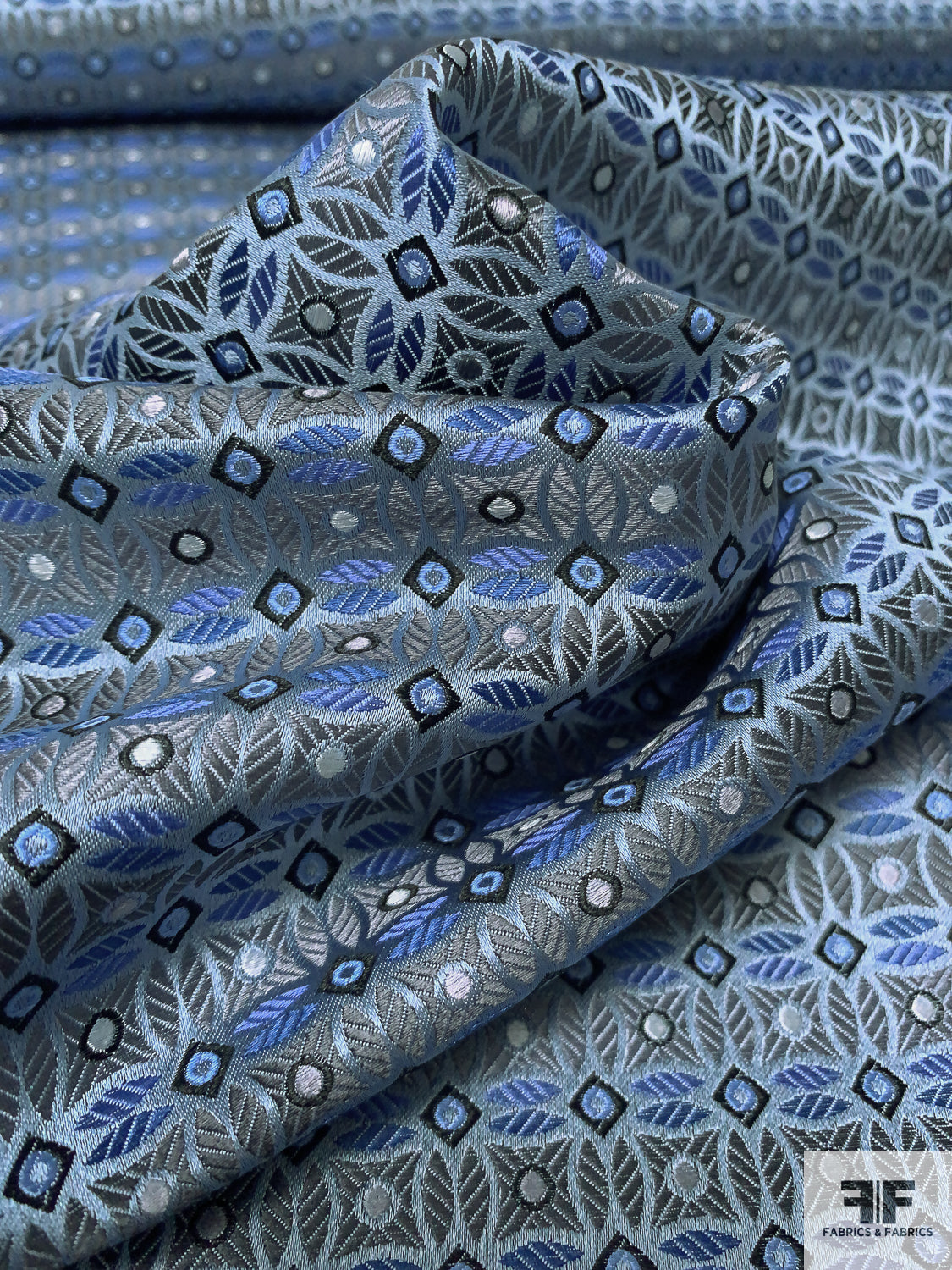 Circle Lattice Silk Necktie Jacquard Brocade - Slate Blue / Grey / Blue / Black