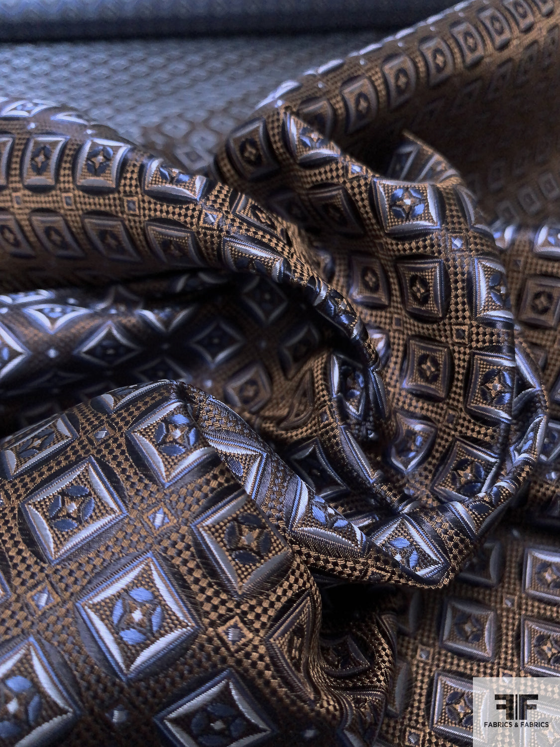Geometric Silk Necktie Jacquard Brocade - Brown / Navy / Sky Blue