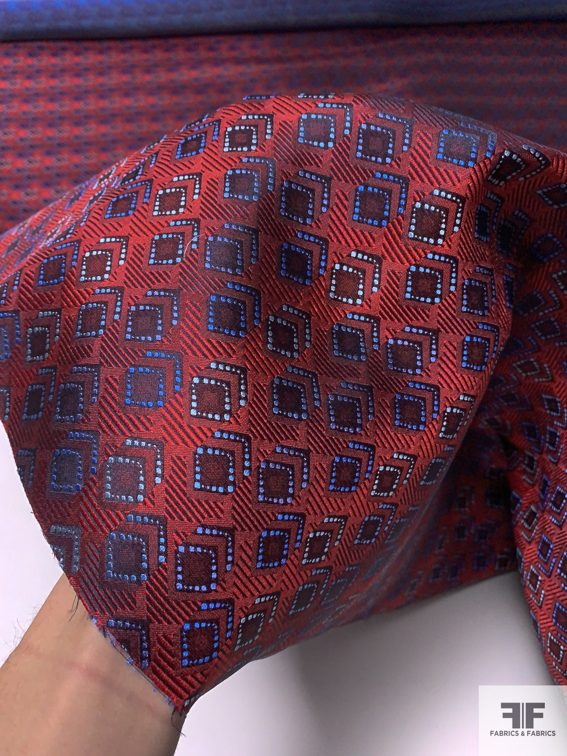 Dimensional Geometric Silk Necktie Jacquard Brocade - Red / Blue / Light Blue