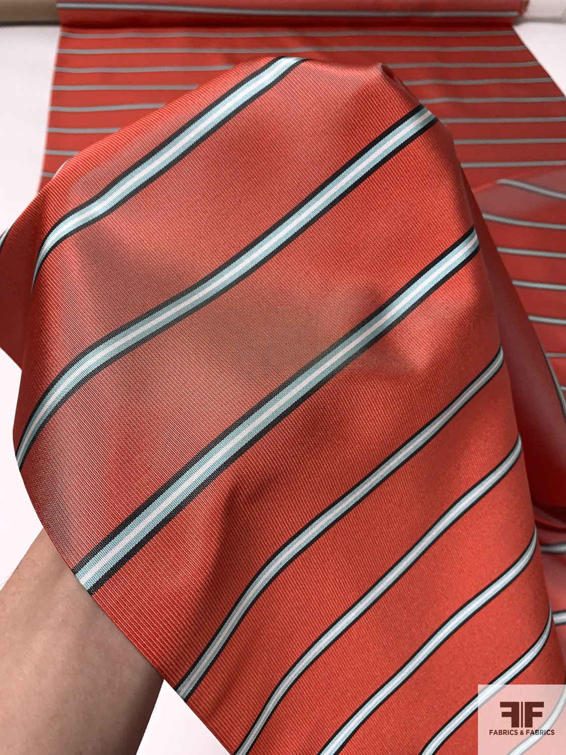 Horizontal Striped Necktie Silk - Hot Coral-Orange / Seafoam / Black / White