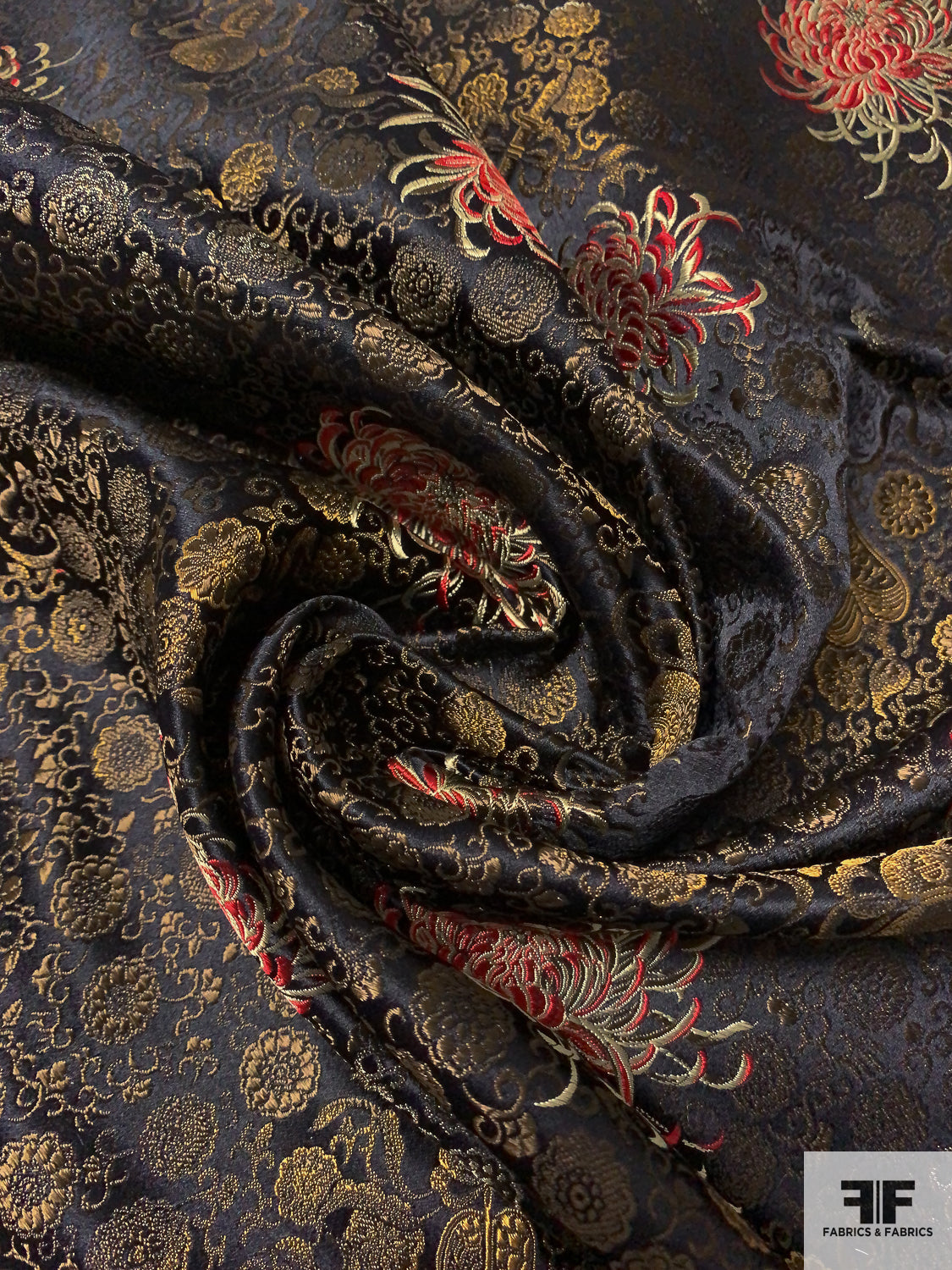 Floral Tentacles Asian Satin Brocade - Black / Gold / Brown / Red - Fabric  by the Yard