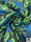 Dramatic Floral Printed Silk Chiffon - Green / Blue / Black