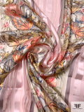 Anna Sui Butterfly Printed Satin Striped Polyester Chiffon - Pink / Orange / Blue / Yellow