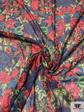 Anna Sui Floral Printed Polyester Chiffon-Georgette - Hot Orange / Yellow / Purple / Blue / Dark Greens