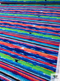 Painterly Horizontal Striped Printed Stretch Milliskin Knit - Blues / Corals / Greens