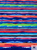 Painterly Horizontal Striped Printed Stretch Milliskin Knit - Blues / Corals / Greens