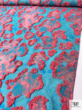Frayed Floral Pattern Brocade - Turquoise Blue / Cerise Pink