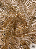 Gold Sequins in Wavy Striation Design on Nude Tulle - Gold