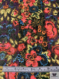 Anna Sui Floral Printed Metallic Brocade - Hot Coral / Yellow / Purple / Blue / Dark Greens