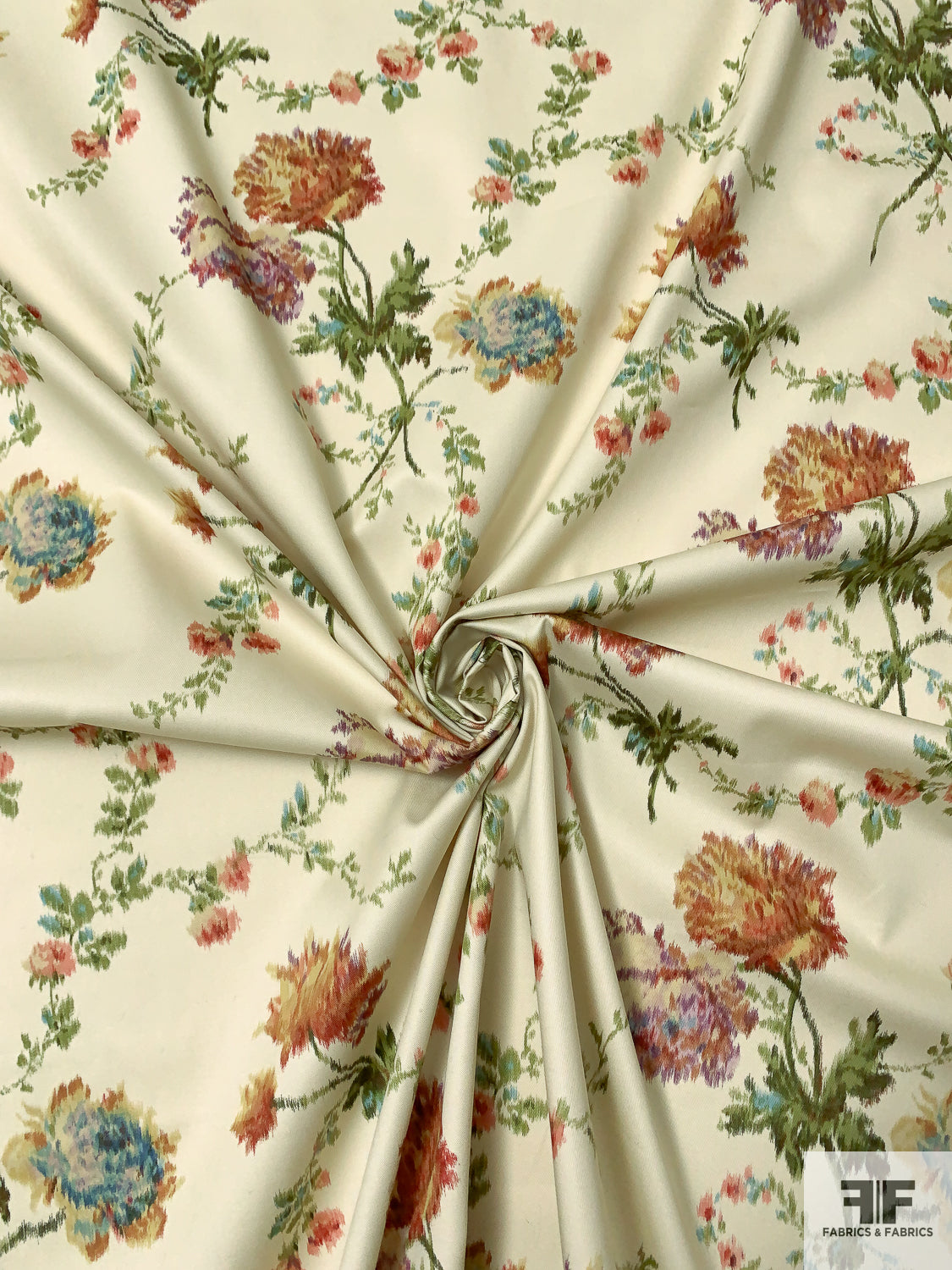Ikat Floral Bouquets and Vines Printed Cotton Twill - Beige / Greens / Dusty Reds / Dusty Blue