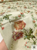 Ikat Floral Bouquets and Vines Printed Cotton Twill - Beige / Greens / Dusty Reds / Dusty Blue