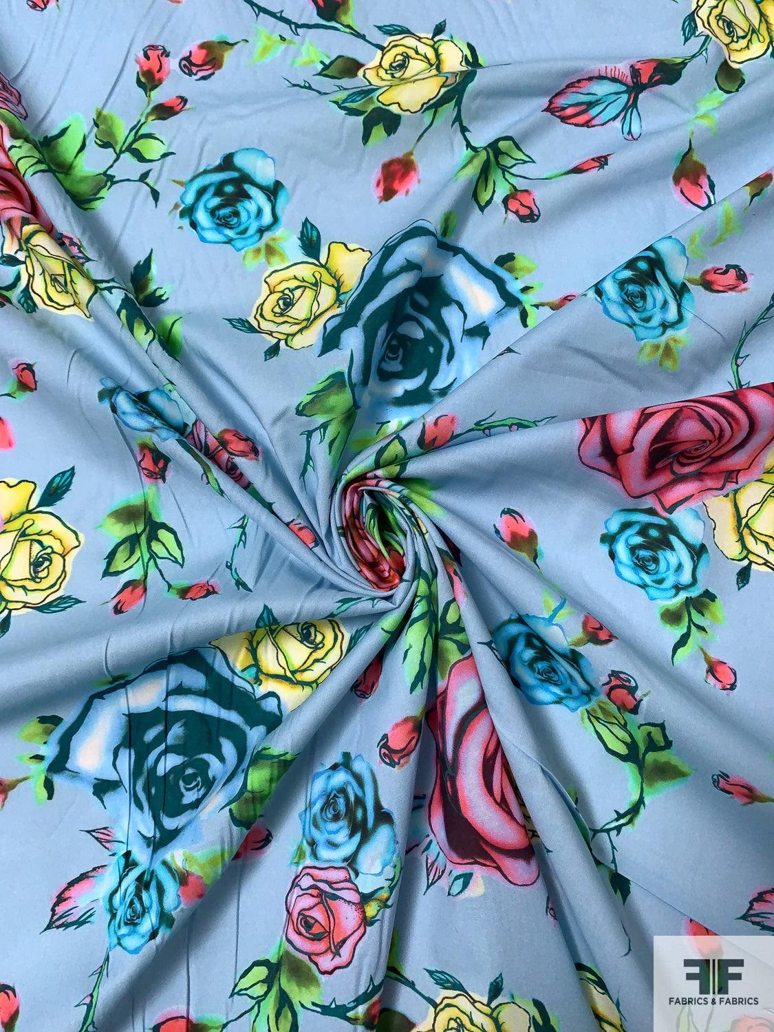 Italian Floral Printed Stretch Cotton Lawn - Sky Blue / Green / Teal /  Yellow / Pink - Fabric by the Yard