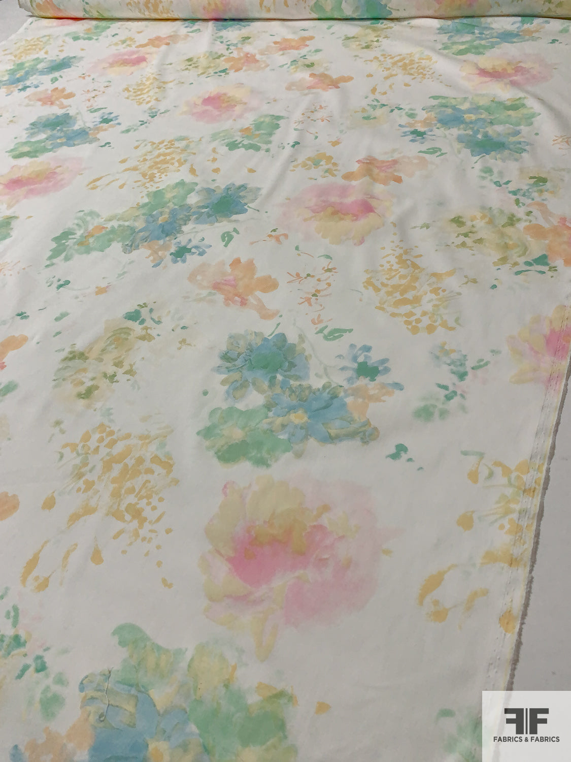 Watercolor Floral Printed Stretch Brushed Cotton Twill - Pastel Green / Pink / Blue / Orange / Off-White