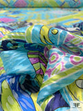Groovy Geo-Floral Printed Satin Burnout Silk Chiffon - Turquoise / Lime / Orchid / Navy