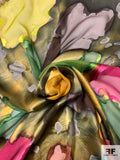 Abstract Printed Satin Burnout Silk Chiffon - Yellows / Magenta / Greens / Black