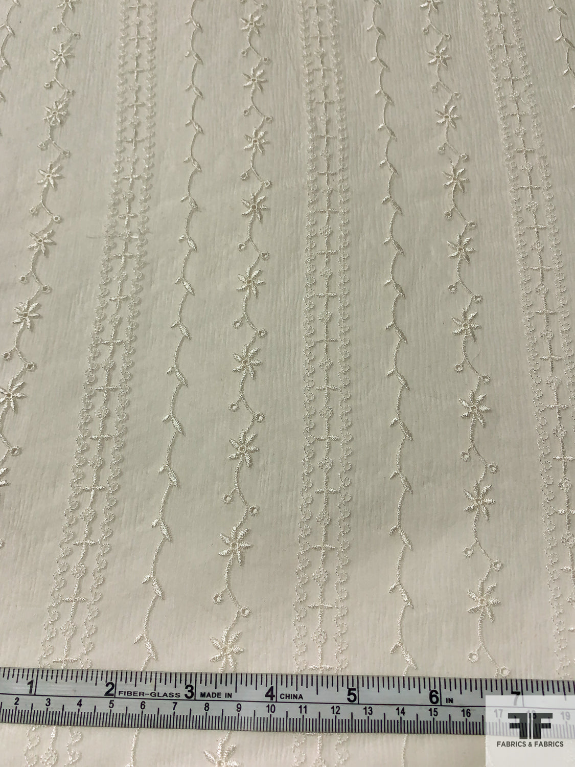 Vine Striped Embroidered Crinkled Silk Chiffon - Light Ivory
