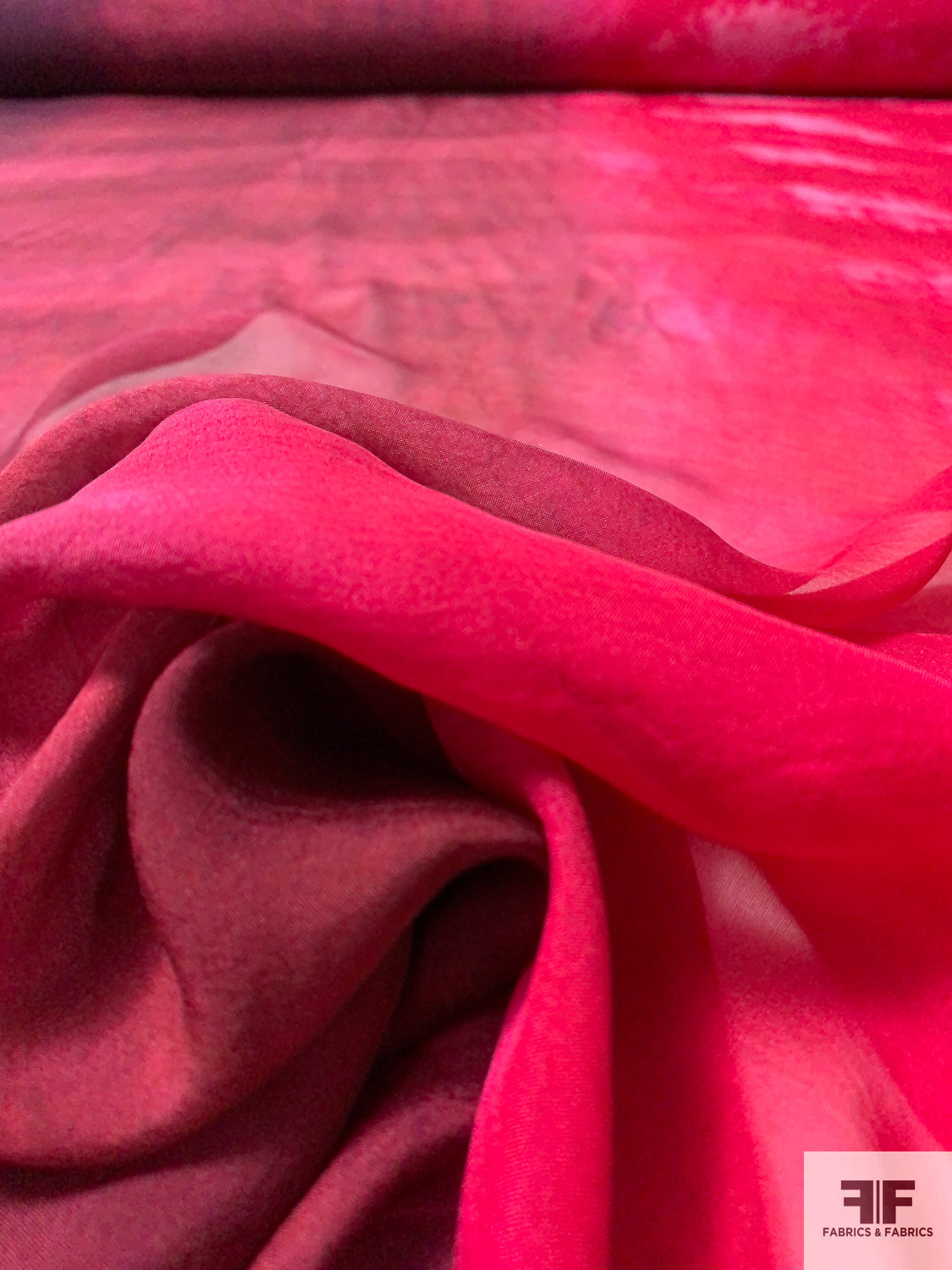 French Ombré Tie-Dye Printed Silk Chiffon - Strawberry Red / Burgundy / Eggplant