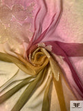 French Tie-Dye Printed Metallic Floral Silk Chiffon - Antique Green / Dusty Orange / Dusty Rose