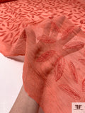 Oval Leaf Embroidered Crinkled Silk Chiffon - Chinese Orange / Vermilion