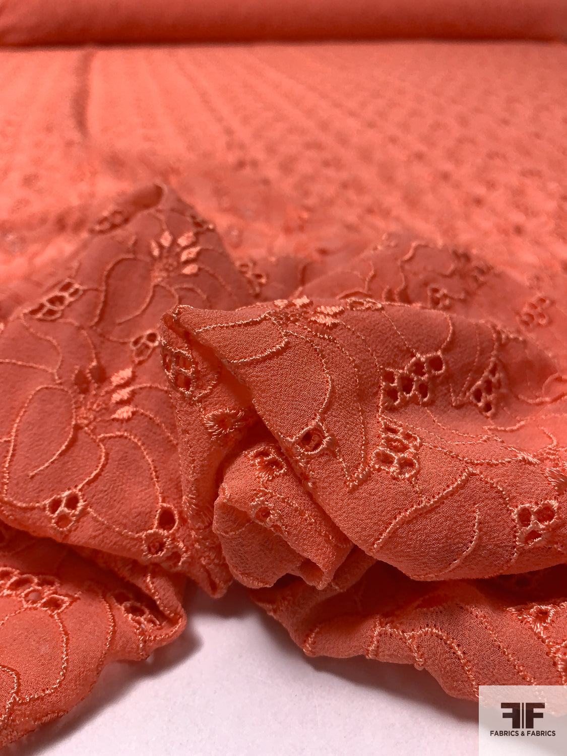 Floral Embroidered Eyelet Silk Chiffon - Chinese Orange