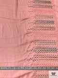 Geometric Border Pattern Embroidered Silk Georgette - Peachy Pink / Dark Sage