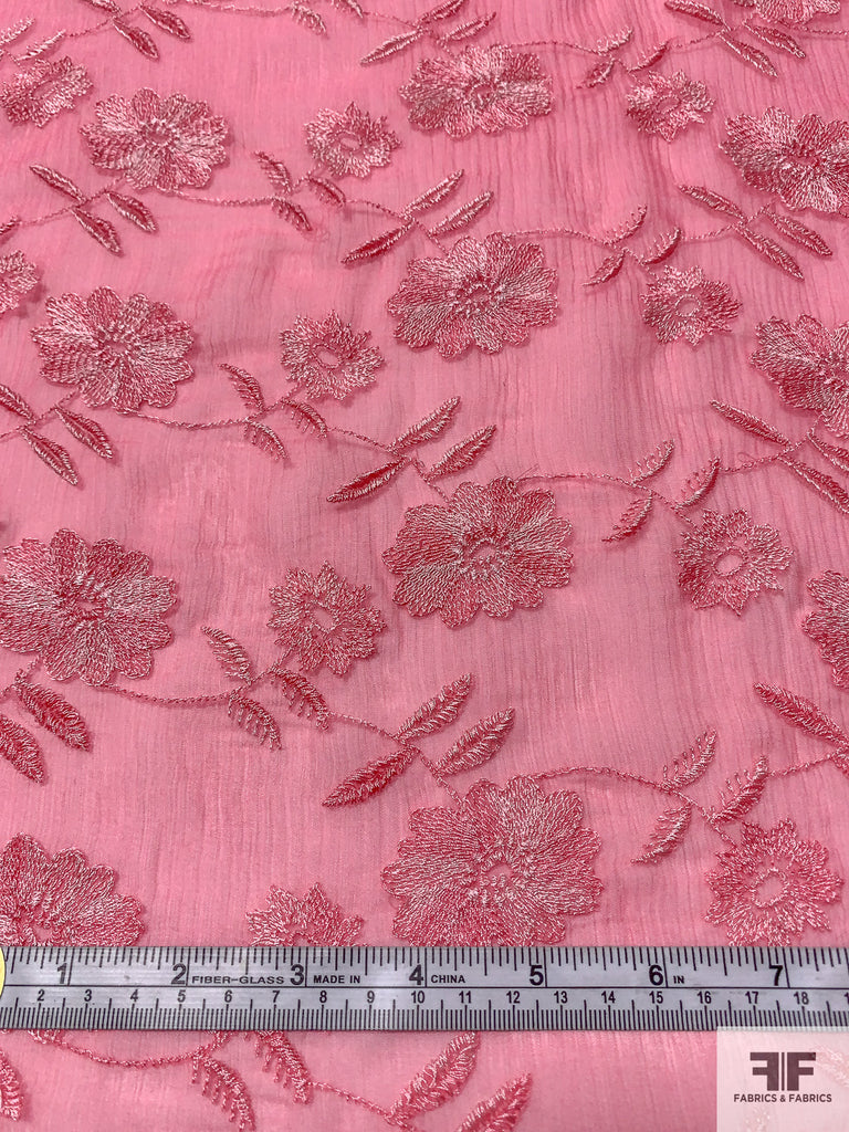 Floral Embroidered Crinkled Silk Chiffon - Rouge Pink/Off-White ...