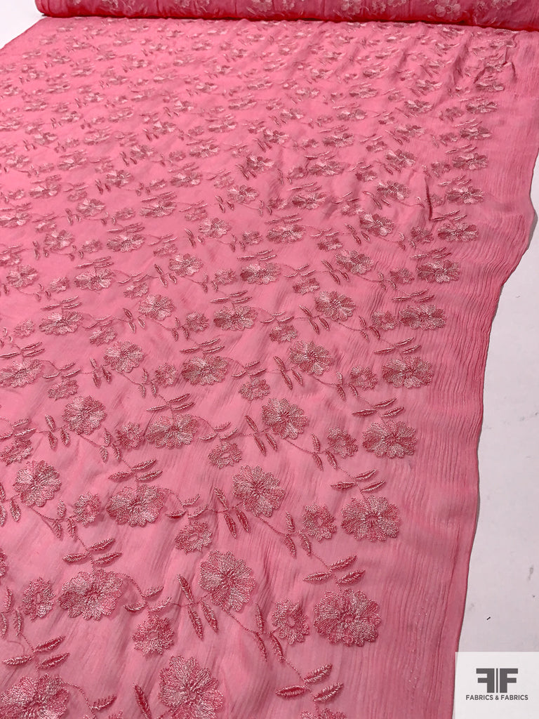 Floral Embroidered Crinkled Silk Chiffon - Rouge Pink/Off-White ...
