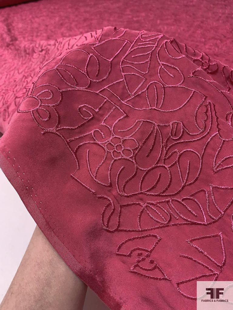 Floral Leaf Embroidered Silk Charmeuse - Raspberry Pink | FABRICS ...