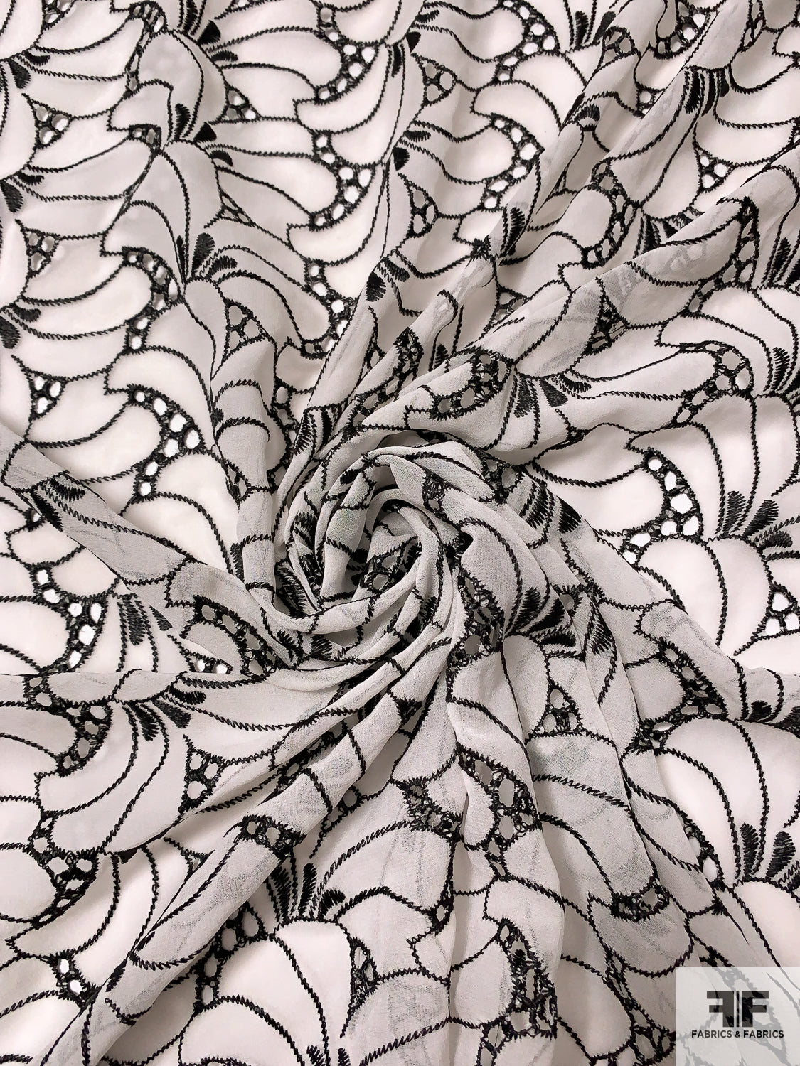 Majestically Ornate Leaf Printed Silk Chiffon - White / Black - Fabric by  the Yard