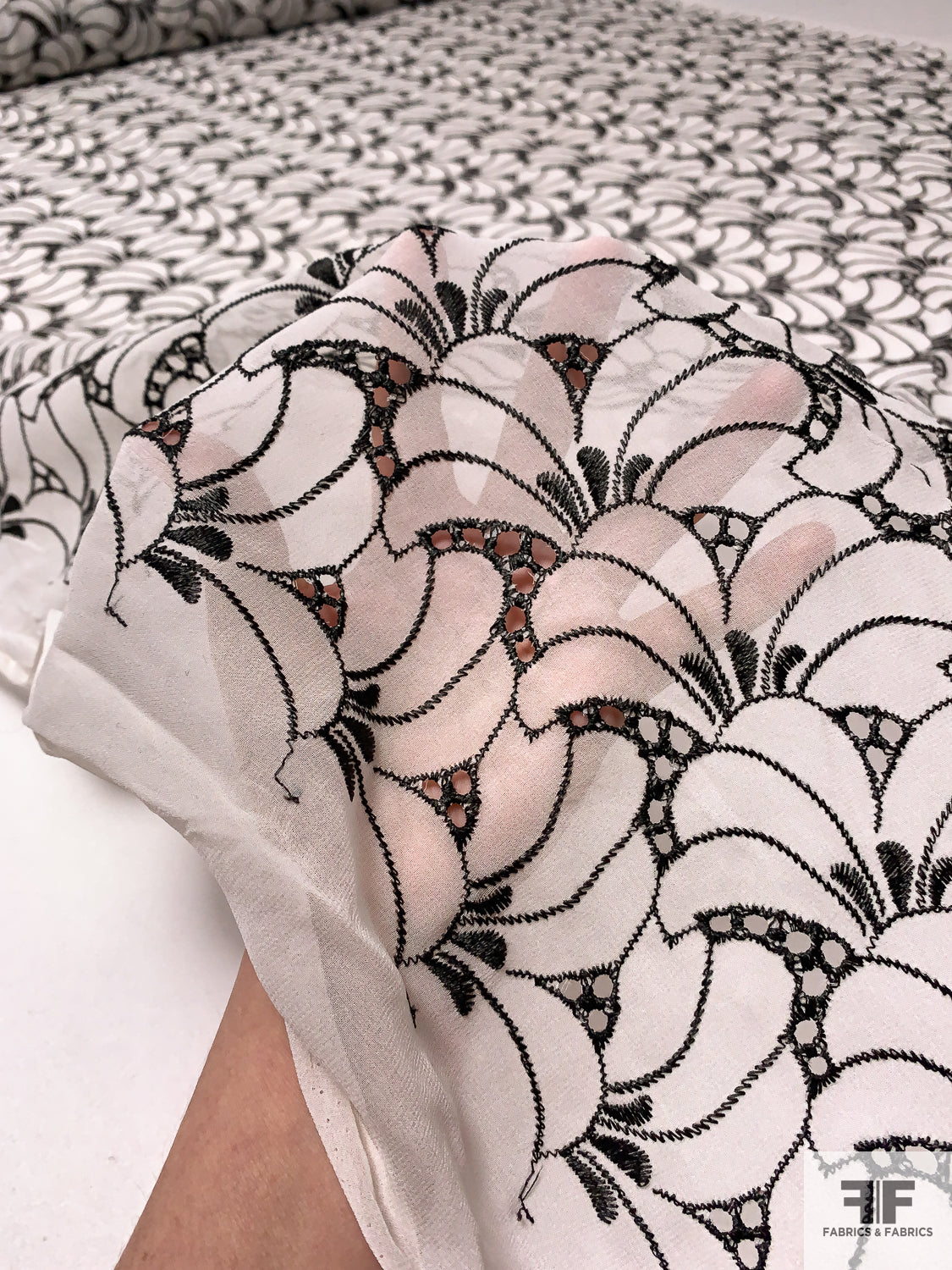 Majestically Ornate Leaf Printed Silk Chiffon - White / Black - Fabric by  the Yard