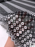 Single-Scalloped Floral Dot Grid Embroidered Eyelet Silk Chiffon - Black / White