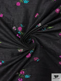 Floral Embroidered Silk Dupioni - Black / Magenta / Aqua Blue / Green / Silver