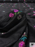 Floral Embroidered Silk Dupioni - Black / Magenta / Aqua Blue / Green / Silver