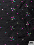 Floral Embroidered Silk Dupioni - Black / Magenta / Aqua Blue / Green / Silver