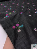 Floral Embroidered Silk Dupioni - Black / Magenta / Aqua Blue / Green / Silver