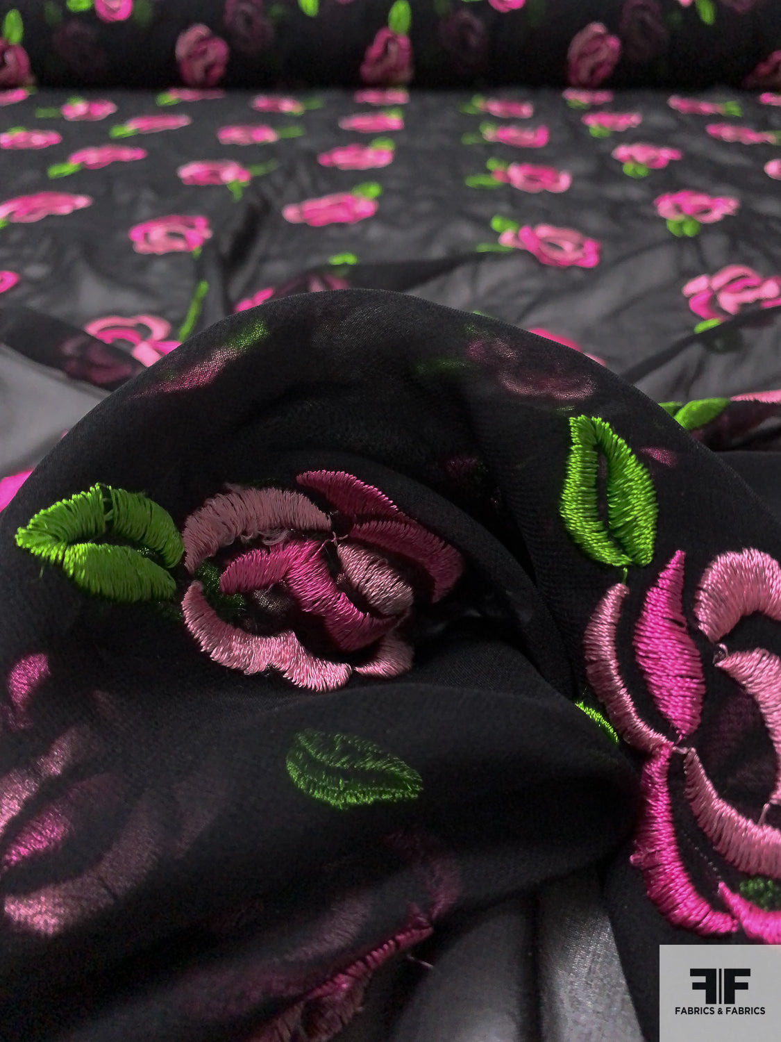 Floral Embroidered Silk Chiffon - Pink/Green/Black