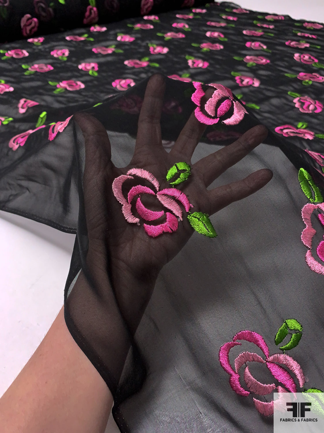 Black, Pink and Green Floral Embroidered Mesh