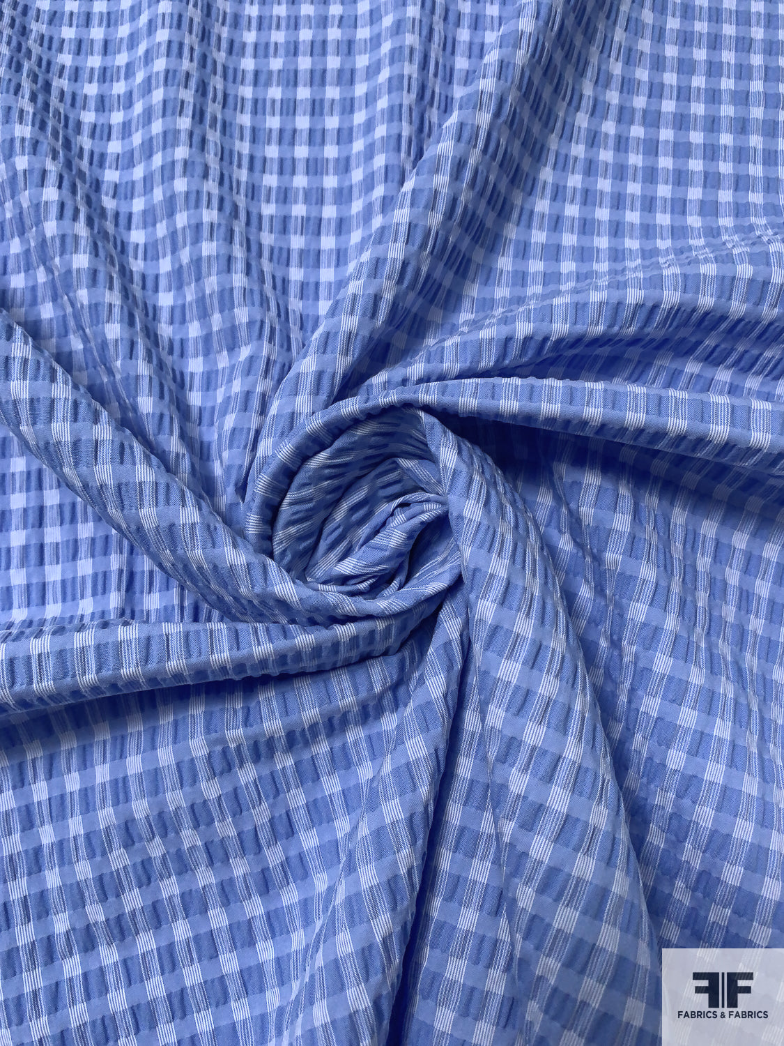 Lela Rose Gingham Check Yarn-Dyed Seersucker Stretch Cotton Shirting - Blue / White