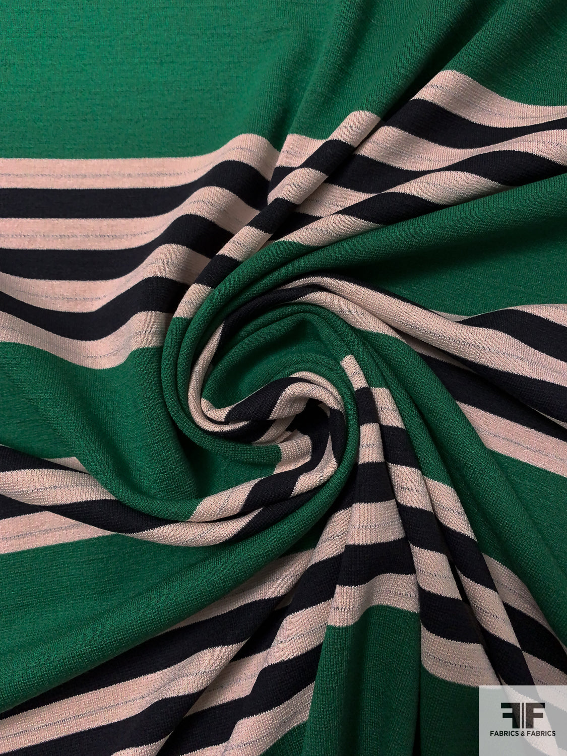 Lela Rose Italian Horizontal Striped Rayon Blend Ponte Knit - Green / Black  / Light Nude - Fabric by the Yard