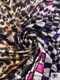 Hypnotic Checkerboard and Animal Pattern Silk Charmeuse - Black / White / Multicolor